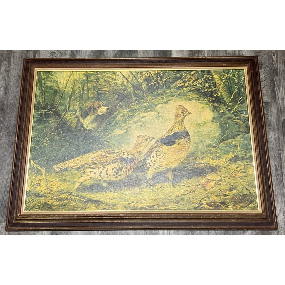 VTG Turner Wall Wood Framed Ruffed Grouse Hunting Dog Framed Art Print 41x29